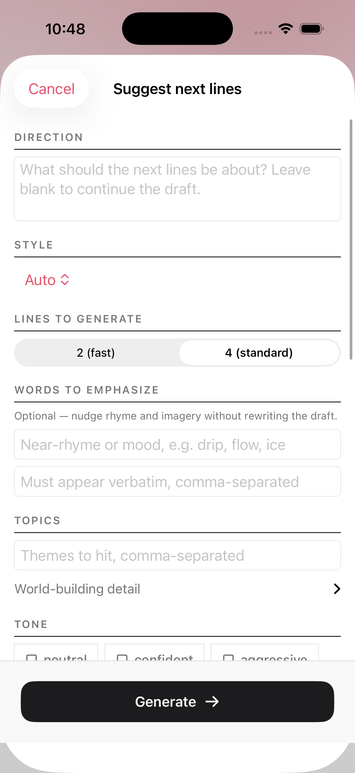 AI line suggestions controls